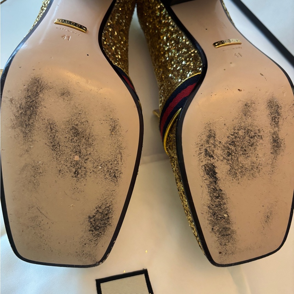 Gucci Glitter Gold Loafers with Red Heart and Blue Stripe - Picture 10 of 11